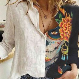 Women Fashion Casual Long Sleeve Tops Blouse Feamle V neck Figure Print Casual Shirts 210716