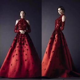 Red Long Evening Dresses Delicate Beaded 3D floral butterfly High Neck Prom Dress Long Sleeves Floor Length Formal occasion Gowns