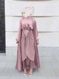 plain kimono UK - 3 Piece Silky Abaya Set Plain Matching Outfit Women Muslim Fashion Dubai Saudi Modesty Open Kimono Long Dress Wrap Skirt Turkey CX220330