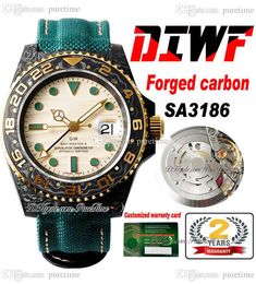 DIWF GMT II SA3186 Orologio automatico da uomo Cassa in fibra di carbonio Lunetta in oro giallo Quadrante beige Cinturino in nylon verde Super Edition Puretime E5