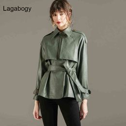 Lagabogy 2022 Spring Autumn Women PU Faux Leather Jacket With Belt Green Colour Coat Simplicity Loose Overcoat Office Lady Outwea L220728