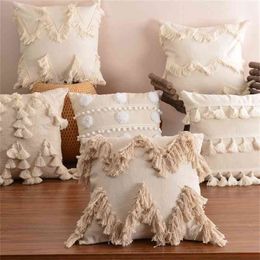 Boho Fringe Accent Pillow Case cover Lumbar Pillow Case cover Bohemian Morocco beige cotton cushion cover sofa home decoration 30X50cm 210401