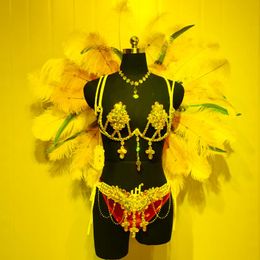 carnival feather headdress Canada - Stage Wear Top Quality Handmade Samba Rio Carnival Wire Bra Panty Feather Headdress With Sexy Belly Dancing Costume CF002Stage StageStage