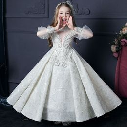 2022 Adorable White Ball Gown Flower Girl Dresses Princess Sheer lace Long Sleeves Appliques Jewel Neck Toddler Birthday Party Gowns