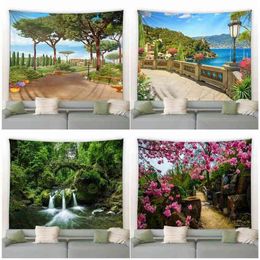 Spring Landscape Wall Carpet Forest Waterfall Arch Bridge Bathing Place Hanging Living Room Courtyard House Garden Decor J220804