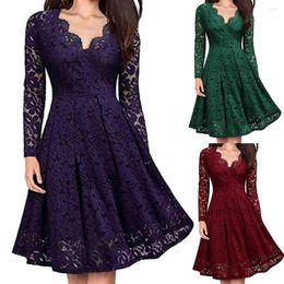 Casual Dresses Retro Women Lace Floral V Neck Long Sleeve Tight Waist A-line Midi Dress Party