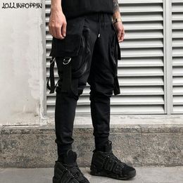 Punk Men Cargo Pants Streetwear Mens Jogger Drawstring Elastic Waist Side Flap Pockets Tapered Casual Hip Hop