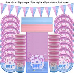 65Pcs Gender Reveal Disposable Tableware Set Boy Or Girl Plate Napkin Gender Reveal Baby Shower Party Decorations Supplies 220606