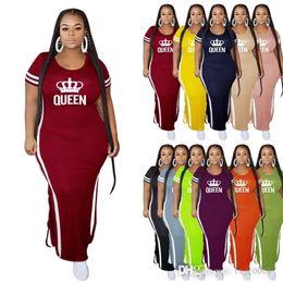 2022 Tasarımcı Seksi Bayan Nedensel Elbiseler Yaz Kısa Kollu Şerit Kraliçe Baskı Elbise Uzun Etek Bayanlar Artı Boyutu Giyim
