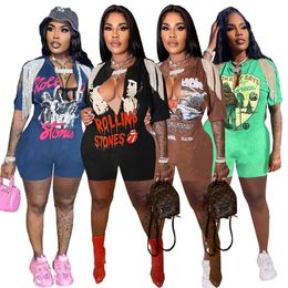 Hot Sell Graphic Printed Romper For Womens Deep V-neck Tassel Shoulder Shorts Hip Hop Street Slim One Piece Jumpsuit MN8515