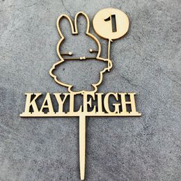 Personalized Wooden Cute Birthday Cake Topper Custom name and Age Acrylic Gold Mirror Bunny Birthday Cake Party Decor 220618