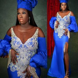 Plus Size Arabic Aso Ebi Blue Mermaid Luxurious Prom Dresses Beaded Crystals Evening Formal Party Second Reception Birthday Engagement Gowns Dress Zj270 407