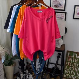 Women's T-Shirt Summer Women Plus Long Cotton Oversized Tee Tunic Tops 2022 Size V Neck Hole Streetwear T Shirt Dress Short Sleeve