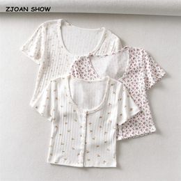 Harajuku 70s Vintage O neck Floral Short Sleeve Tee Base T-shirts Summer Girl Single-breasted Button T-shirt crop top 220402