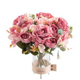 Decorative Flowers & Wreaths 30cm Rose Peony Pink Silk Artificial Bouquet Fake Faux For Home Wedding Decoration Indoor DecorDecorative