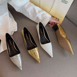 2022 Spring Women Bling Gold Silver Kitten Heels White Low Heels Pumps Scarpins Luxury Designer Pointed Toe Party Dress Shoes G220516