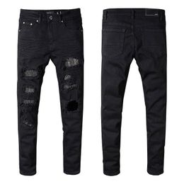 Jeans masculinos hip hop preto magro skinny cristal strass retalhos rasgados moda patch esticar calças de denim