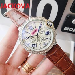 High quality mens diamonds ring watch 48MM six stitches series All the dials work stopwatch quartz battery genuine leather wristwatch Relogio Masculino