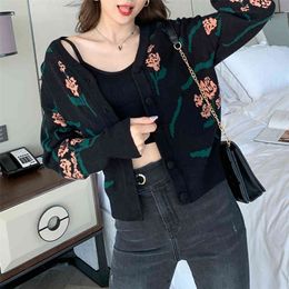 autumn products V-neck retro wild knit short trend small cardigan fashion light mature student regular sleeve women 210412