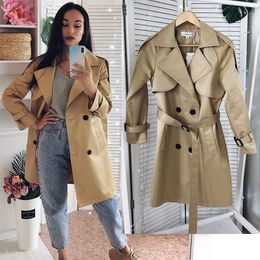 Women Trench spring Casual Coat with sashes oversize double breasted Vintage Cloak Overcoats Windbreaker 201030