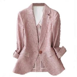 Linen suit female thin summer striped long sleeveone button slim cotton casual jacket 220402