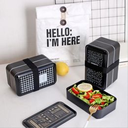 A Free Plastic Lunch Box Double Layer Food Container Multifunction Adults Lady Kid Lunchbox Microwaveable Black 2000ml Y200429