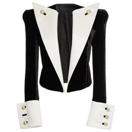 HIGH STREET 2020 Newest Stylish Designer Jacket Women s Lion Buttons Color Block Patchwork Velvet Short Blazer LJ201021