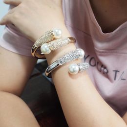 Bangle Imitation Pearls Cuff Bracelets Charm Bangles For Women Rhinestone Alloy Jewelry Accessories Gold ColorBangle