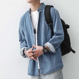 EBAIHUI Men's Blouse Solid Denim Turn-down Collar Coat Leisure Loose Korean Fashion Shirt Male Jeans Long Sleeve Top Streetwear