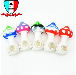 Colored Mushroom Silicone Hand Pipe 110mm Length Smoke Accessories with Glass Dish