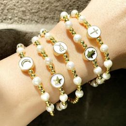 Charm Bracelets FLOLA Gold Beads Pearl Enamel Moon And Star For Women Handmade Beaded Cross Bangle Bracelet Wholesale Jewellery Brtd26 Kent22