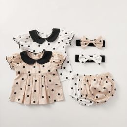 Jumpsuits Summer 2022 Baby Girls Romper Polka Dot Cotton Clothes Short-sleeve Top Bread Pants Hair Band Born Toddler Outfits 3 PcsJumpsuits