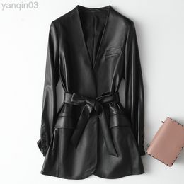 Nerazzurri Autumn Black Soft Light Faux Leather Jackets for Women 2022 Deep V-Neck Belt Elegant Luxury Korean Fashion 6xl 7xl L220801