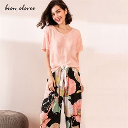 Summer Pyjamas Set Women Sleepwear Female Casual Floral Printed Contrasting Colour Pyjamas Tops with Long Trousers Home Clothing 220421