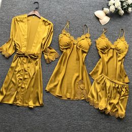 Summer 4 Pcs Set Women Pyjama Satin High Quality Lace Sexy Sleepwear With Chest Pad Pajamas 220329