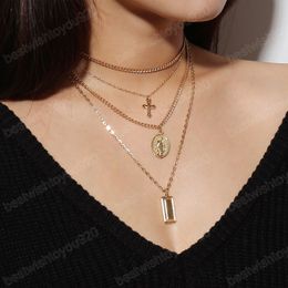 Bohemia Gold Colour Cross Layered Necklace Jesus Virgin Mary Chain Pendant Necklace Easter Day's Gift For Women