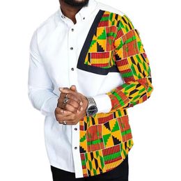 Men's Dress Shirts African Shirt Men Patchwork Tops Male Colourful Wax Print Nigerian Fashion Wedding Groomsman OutfitMen's