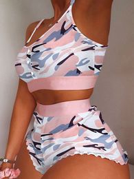 Fashion Tank Print Top Shorts 2 Piece Swimsuit Summer Women Lipprint Stripe Print Bikinis Brazil Push Up Beachwear Bathing Suit