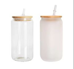 16oz Sublimation Glass Beer Mugs Water Bottle Can Tumbler Drinking Glasses With Bamboo Lid And Reusable Straw Iced Coffee Glasses