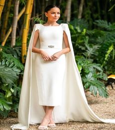 Chic Cloak Boho Wedding Dress 2022 Vintager Satin Short Country Wedding Dresses With Caped Dubai Arabic Bohemian Bridal Party Gowns Women Robe De Mariage