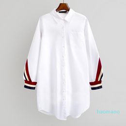 2022 new Women's Blouses & Shirts White Loose Button Up Stripe Bandage Women Turn-Down Collar Woven Long Sleeve Plus Size Ladies Tops