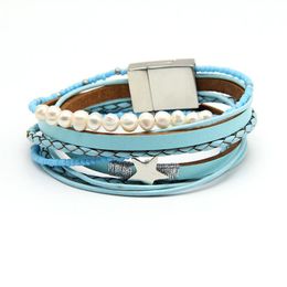 Charm Bracelets 2022 Bohemian Braided Ladies Bracelet 38cm Pearl Beads Star Luxury Light Blue Double Layered Bangle Female JewelryCharm