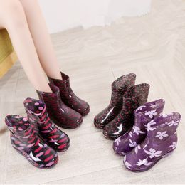 Pofulove Print Rain Boots Women Waterproof Work Shoes for Girls Non Slip Anti Skip PVC Water Shoes Rainboots Mid-Calf Botas