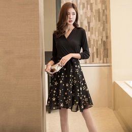 Casual Dresses Black Star Stitching Temperament Dress Ladies Summer Personality 3/4 Sleeve Slimming Wrapped DressCasual