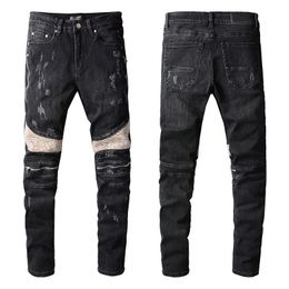 Black Jeans For Man Denim Ripped with Knee Zipper Skinny Fits Slim Guys Mens Biker Moto Straight Vintage Distress Damaged Stretch Pants Long High Quality Patchwork