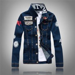 Men's Jackets Men Embroidery Jeans Jacket Fashion Letter Print Long Sleeve Rivet Denim Coat Man Vintage Single Breasted Blue Streetwear