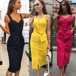 Dress Women Yellow Pink 2022 Solid Sleeveless V Neck Button Holiday Party Dresses With Belt