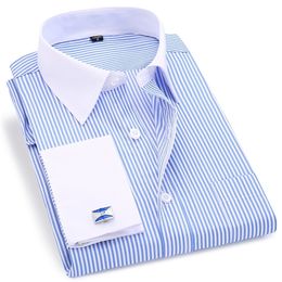 Hohe Qualität Gestreift Für Männer Französisch Manschettenknöpfe Casual Dress Shirts Langarm Weiß Kragen Design Hochzeit Smoking Hemd 6XL 220321