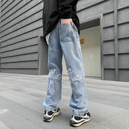 Men's Jeans Men's Straight Neutral Denim Trousers Cross Stitch Loose Wide Leg Men Quality Casual Baggy Street Hip HopMen's
