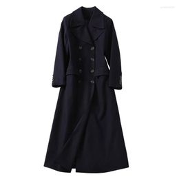 Fall Winter Clothing Outfits Classic Double Breasted Buttons Long Sleeve Ankle Length Navy Blue Women Trench Women's Coats